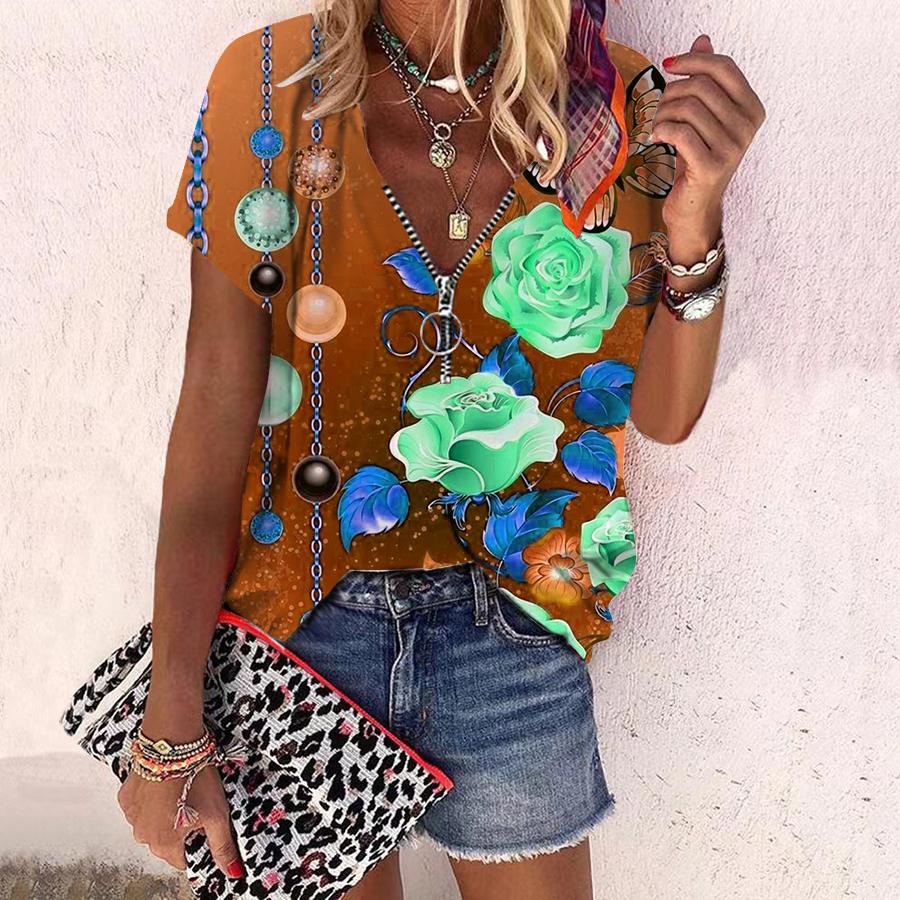Женский топ, летний новый модный топ с яркими цветами и принтом розы, повседневный топ на молнии с v-образным вырезом и короткими рукавами