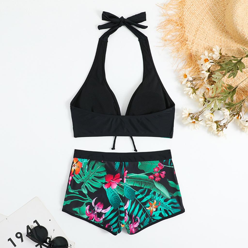 Women's Paneled Printed Swimsuit Ladies Split Boxer  High Waist Swimsuit Two-Piece Set