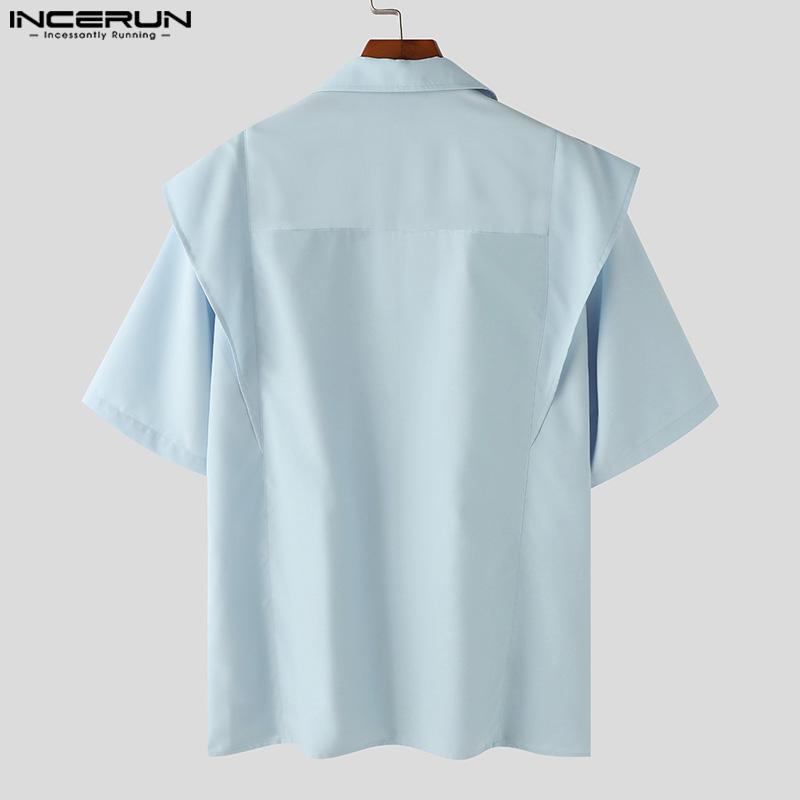 INCERUN Мужские топы с короткими рукавами и оборками, летние рубашки-карго на молнии