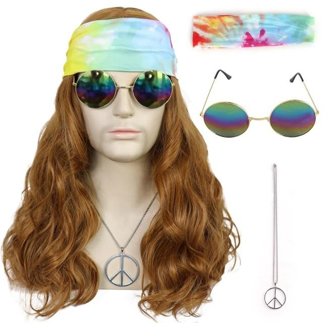 60-е 70-е годы Хиппи Вудсток Косплей Синтетические волосы Длинные коричневые костюмы хиппи Комплект парик + солнцезащитные очки + ожерелье + шапочка для парика