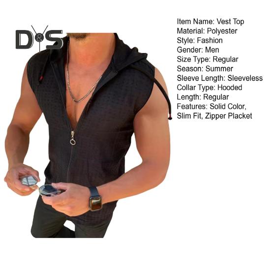 3D Cutting Vest Top Drawstring Модная летняя спортивная толстовка без рукавов с капюшоном