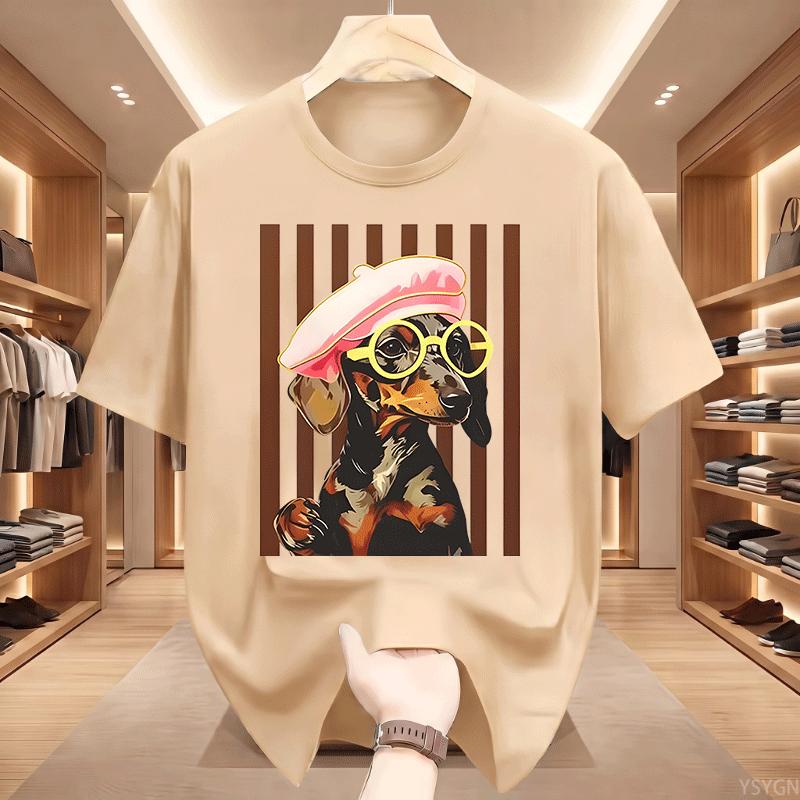 Cute Striped Dachshund Graphic TShirt Unisexs Casual Round Neck Short Sleeve Tee Summer Printed Cotton T Shirts Unisex Clothing