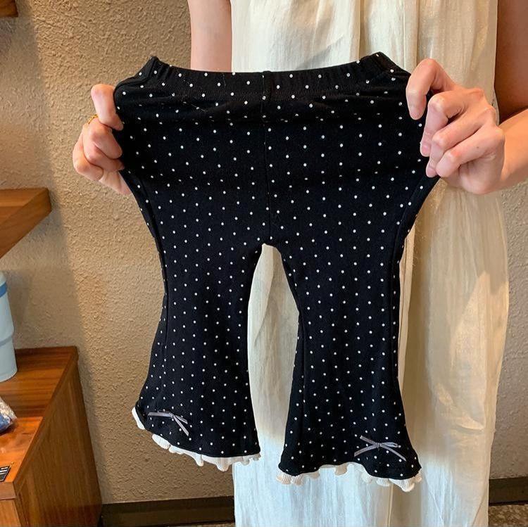 Комплект для девочек: расклешенные брюки в горошек с бантом и топ с длинным рукавом