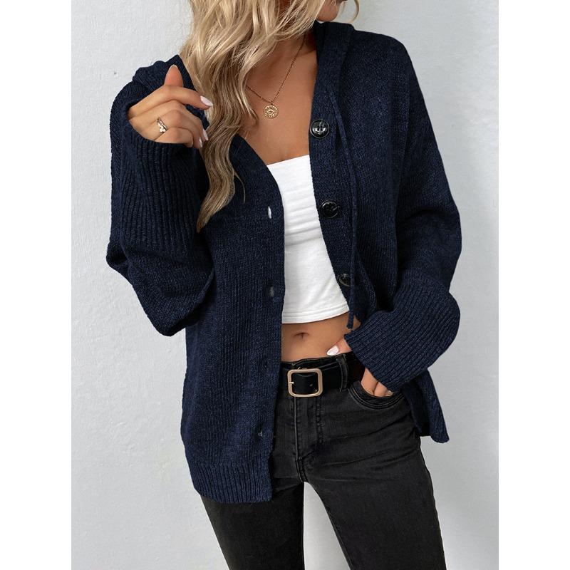 IHUASU Autumn Winter Drawstring Knit Cardigan Coat Female Solid Color Hooded Single Breasted Sweater Female