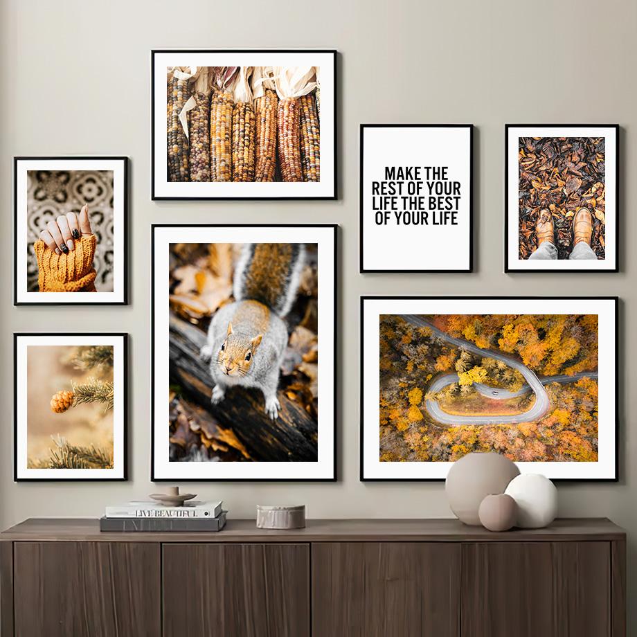 Осеннее озеро Лесной дом Тыква Цветок Пейзаж Настенное искусство Холст Живопись Осенние постеры Принты Картины для декора гостиной