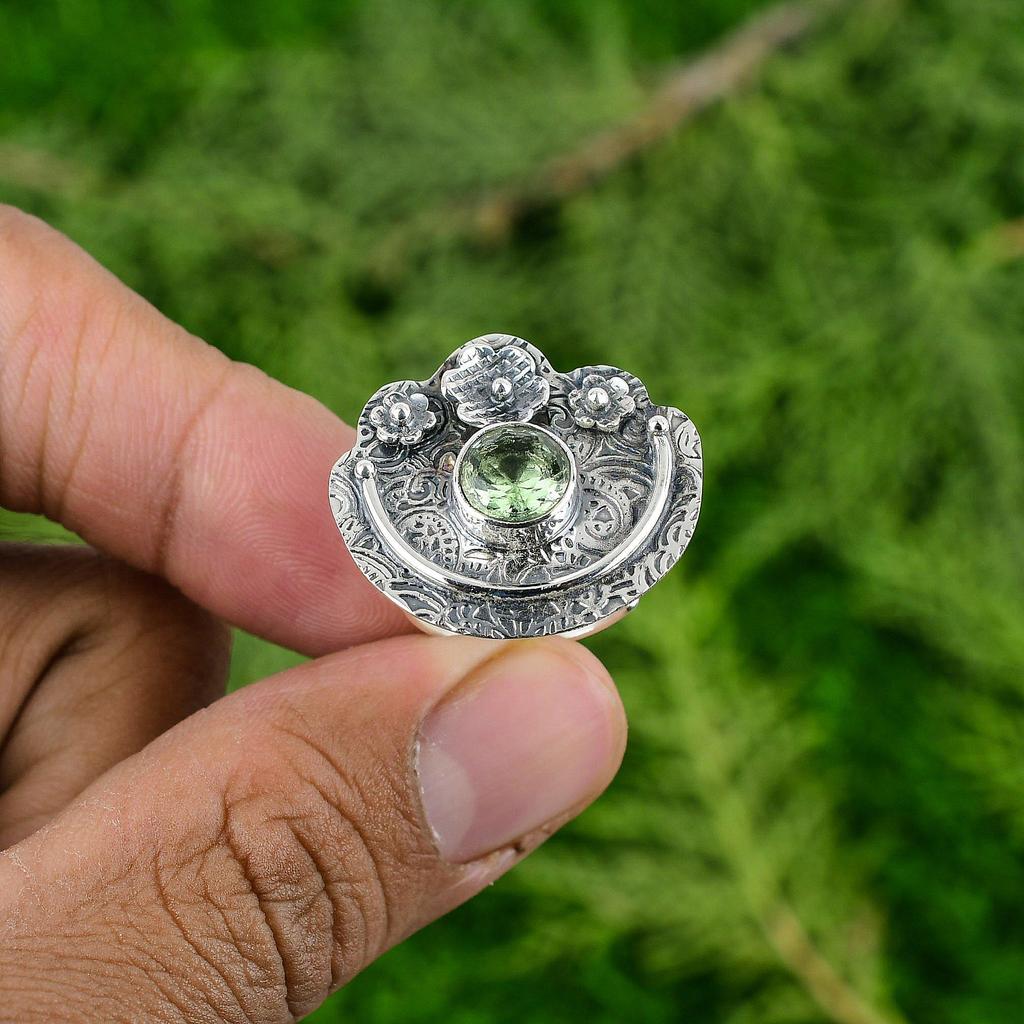 Natural Green Amethyst Sterling Silver Promise Flower Bezel Sister Ring Jewelry