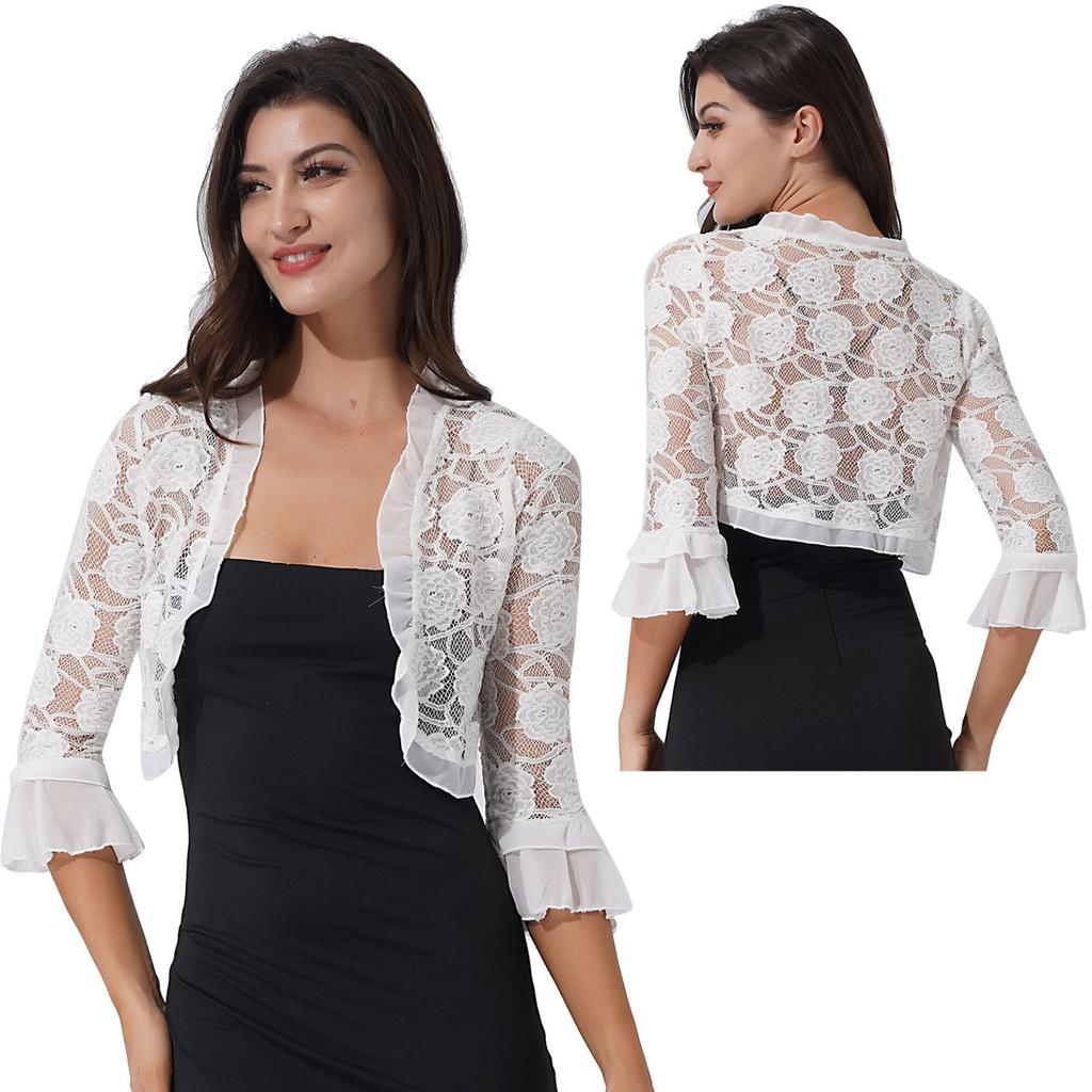 Ladies Half Sleeve Lace Bolero Shrugs Elegant Ruffle Open Front Cardigans Wedding Party Dress Accessaries