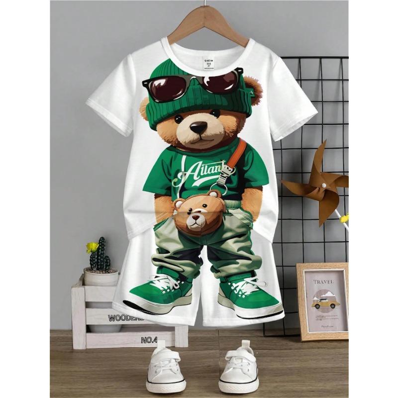 Superhero & Young Boy Casual Cartoon Patterned Short Sleeve Round Neck Top And Shorts Set, Suitable For Summer