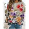 Round Neck Long Sleeved Flower Pattern Women's Clothing 3D Printing Comfortable Casual Loose Plus Size Pullover