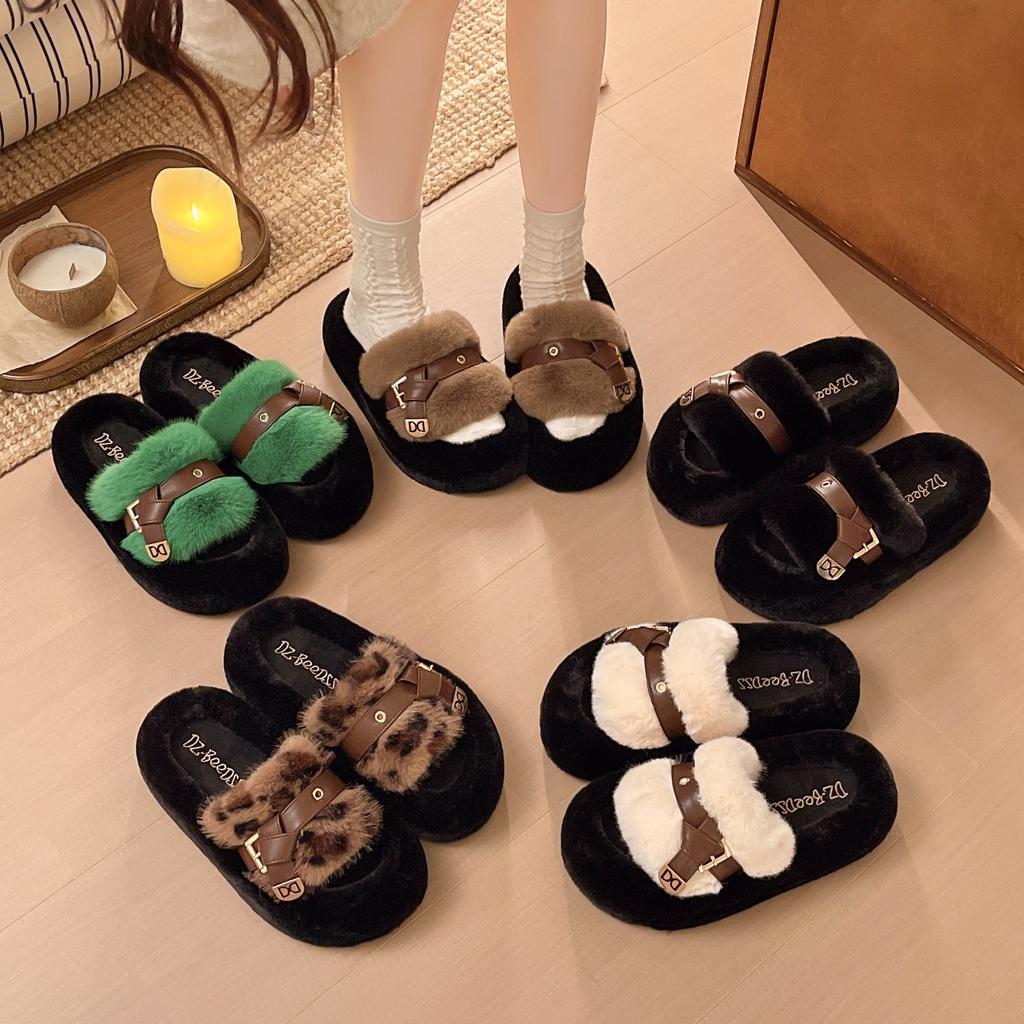 Fashion fluffy slippers women wear autumn and winter new style belt buckle thick bottom heightening one-word cotton slippers