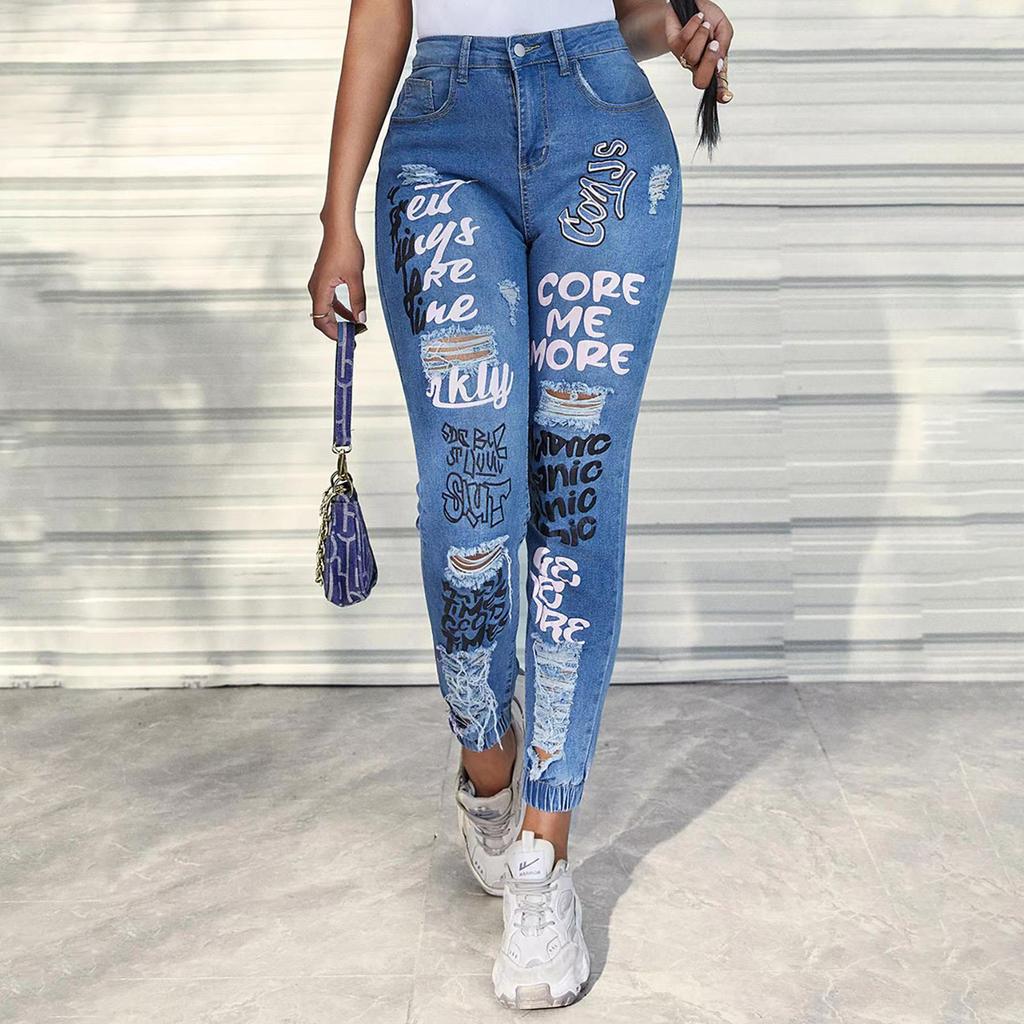 Весенние женские повседневные рваные джинсы, леггинсы с буквенным принтом, брюки