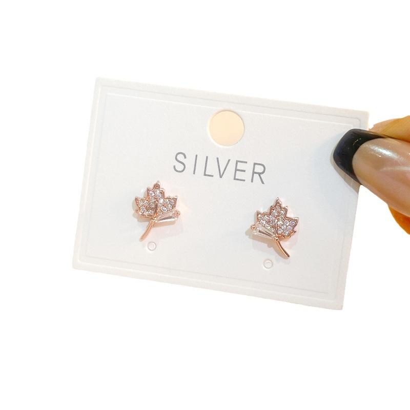 S925 Silver Maple Leaf Earrings Women Fashion Super Flashing Stone Mini Earrings