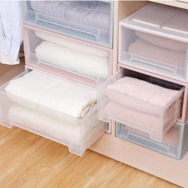 Штабелируемый ящик для хранения Пластиковый прозрачный ящик Контейнер для хранения одеял Большой вместимости Шкаф для одежды Органайзер для гардероба