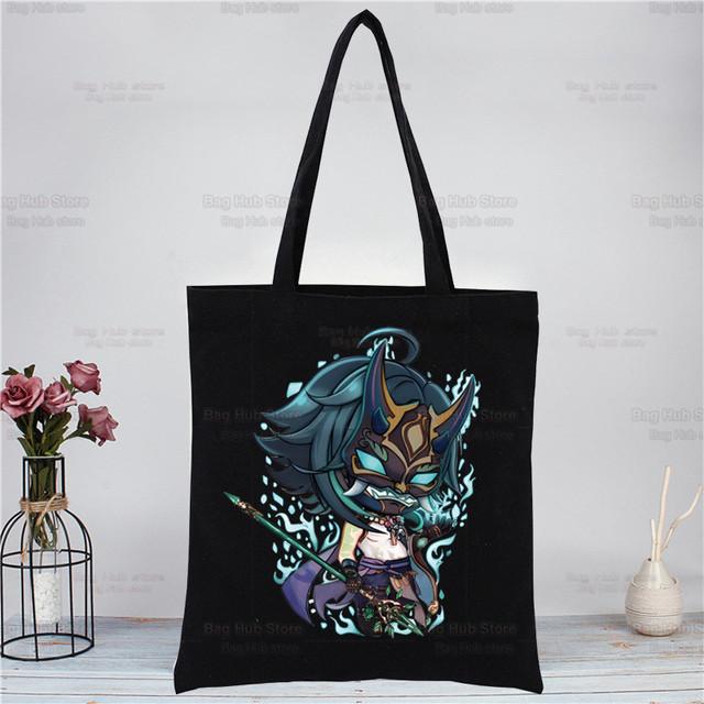 Genshin Impact Xiao аниме-игровые сумки, тканевая холщовая большая сумка, черная сумка для покупок, путешествий, женские эко-многоразовые сумки на плечо для покупок