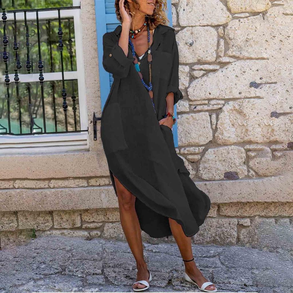 Women's Solid Color Button Slit Loose Breathable Casual Shirt Cotton Linen Dress
