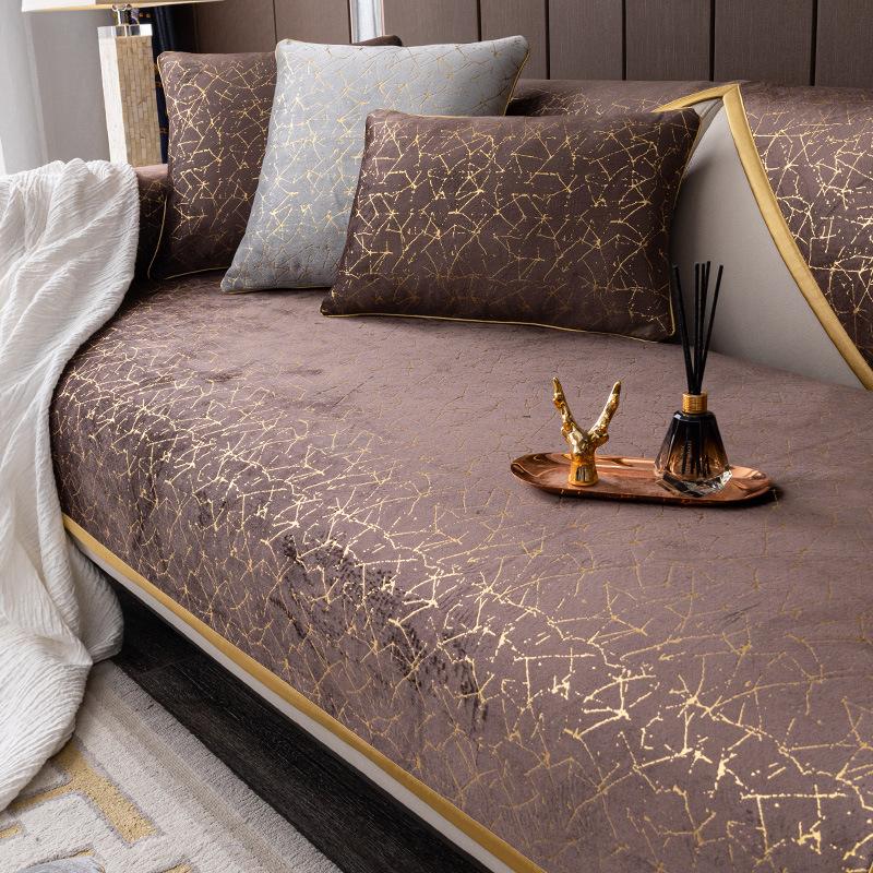 High-end Black Gold Leather Sofa Cushion Modern Non-slip Anti Cat Scratching Chair Pad Satin Edging Recliner Cover Towel Winter