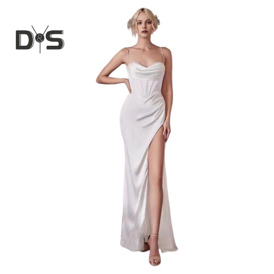 Женское вечернее платье на тонких бретельках с глубоким вырезом и открытыми плечами, без рукавов, с разрезом по низу, плиссированное макси-платье из атласа, свадебное банкетное бальное платье