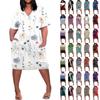 Лето плюс размер V-образным вырезом с короткими рукавами и карманами до колена с принтами повседневное платье для женщин