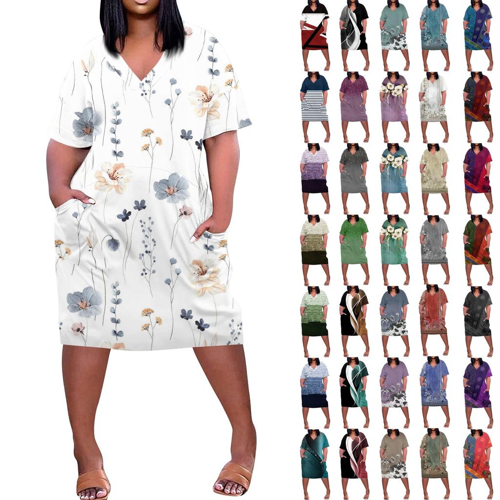 Лето плюс размер V-образным вырезом с короткими рукавами и карманами до колена с принтами повседневное платье для женщин