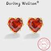 Trend 18K Gold Ruby Heart Stud Earrings For Women Red Full Diamond Geometric Original Sterling Silver Engagement Bridal Jewelry