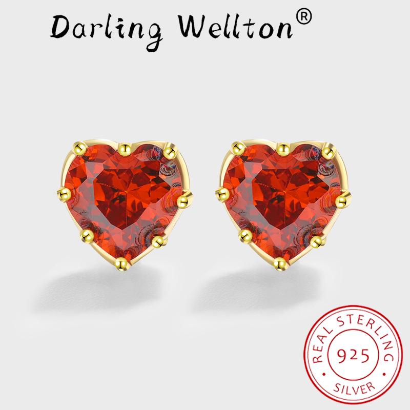 Трендовые серьги-гвоздики из золота 18 карат с рубиновым сердцем для женщин, красные серьги-гвоздики с геометрическим узором из стерлингового серебра с полным бриллиантом, оригинальные обручальные свадебные украшения