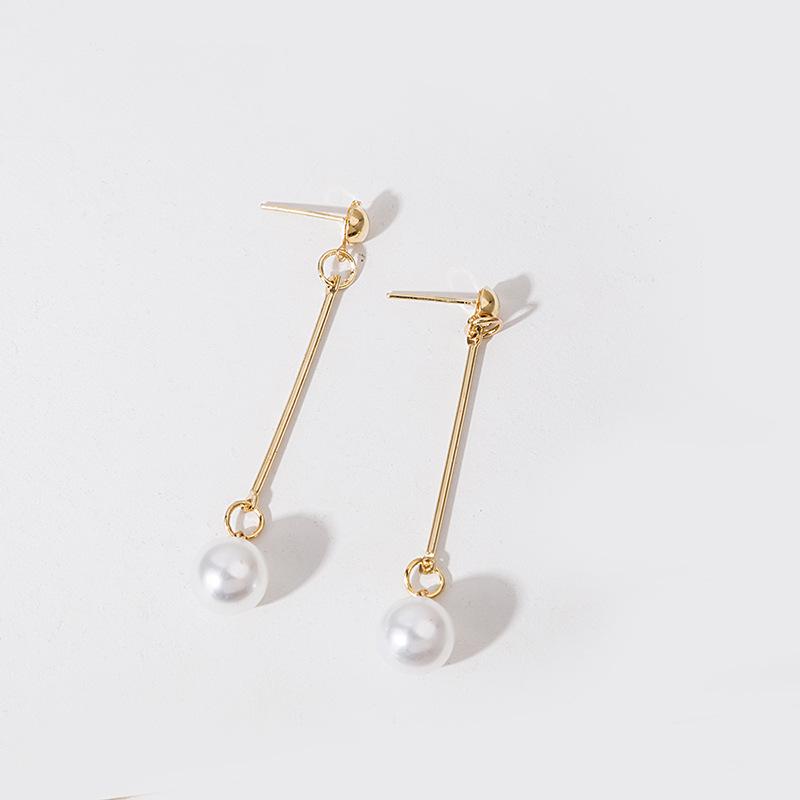 E720 Gold-Plated Long Pearl Earrings - Korean OL Style