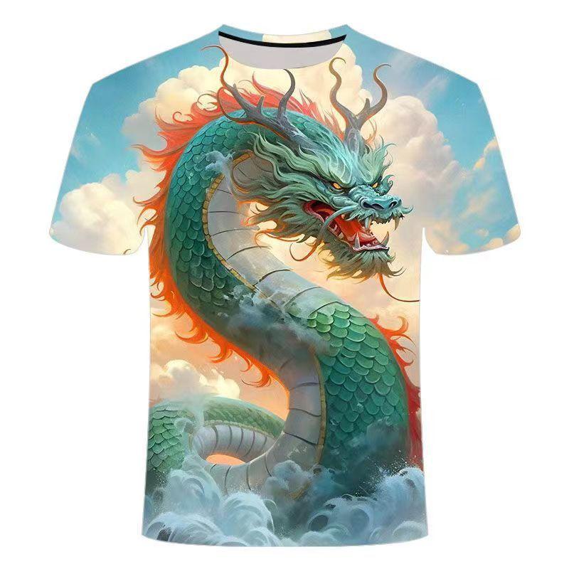 Новая модная мужская футболка с 3D-принтом и персонализированным рисунком дракона, с короткими рукавами и круглым вырезом, большого размера