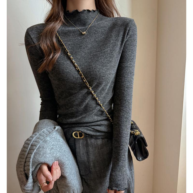 Autumn Winter Half High Collar Ruffles Solid T-shirt Women Long Sleeve Simple All-match Bottomed Tee Top Pullovers