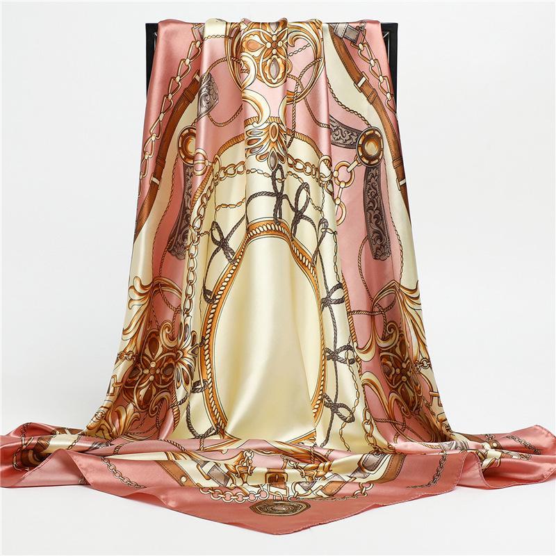 Satin Silk Chain Pattern Scarf: Stylish 90cm Color-Matching Shawl & Sunscreen Headscarf