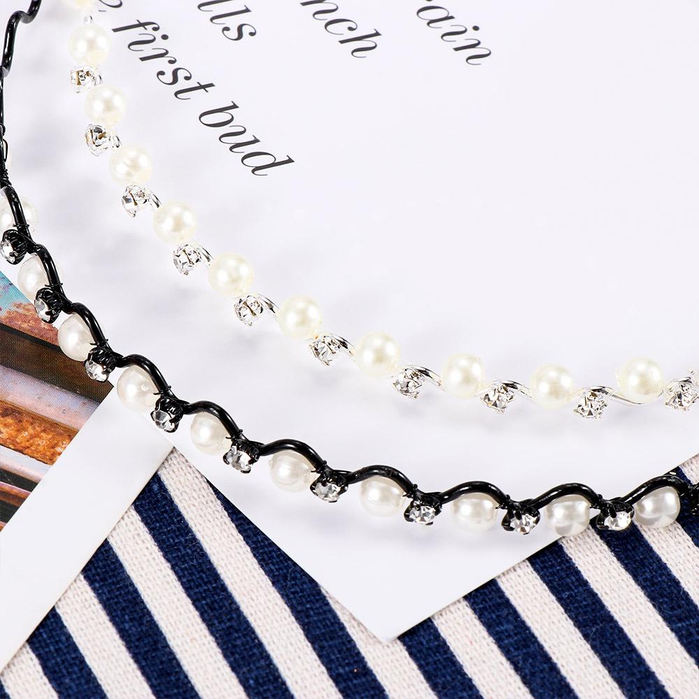 Jewelry Head Chain Rhinestone for Women Headwear Pearl Crystal Wave Hairband Black Silver Metal