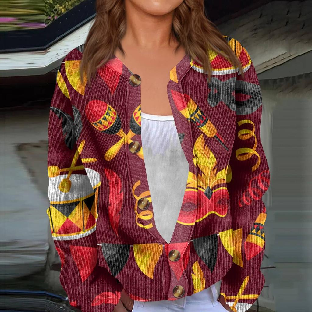 Женский кардиган с длинным рукавом и принтом «Карнавал» на пуговицах