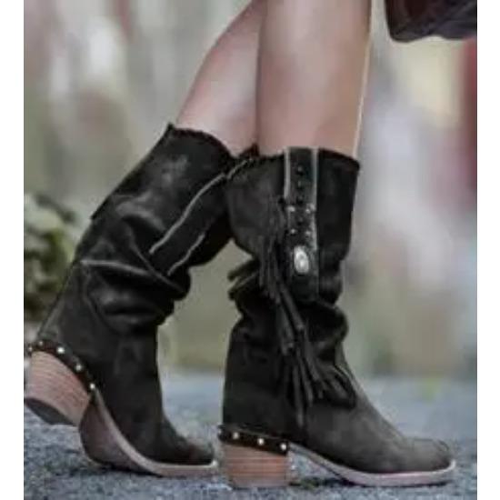 Осенние богемные ботинки женские этнические с кисточками бахромой из искусственной замши кожаные полусапожки женские на квадратном каблуке обувь ботильоны rtg5