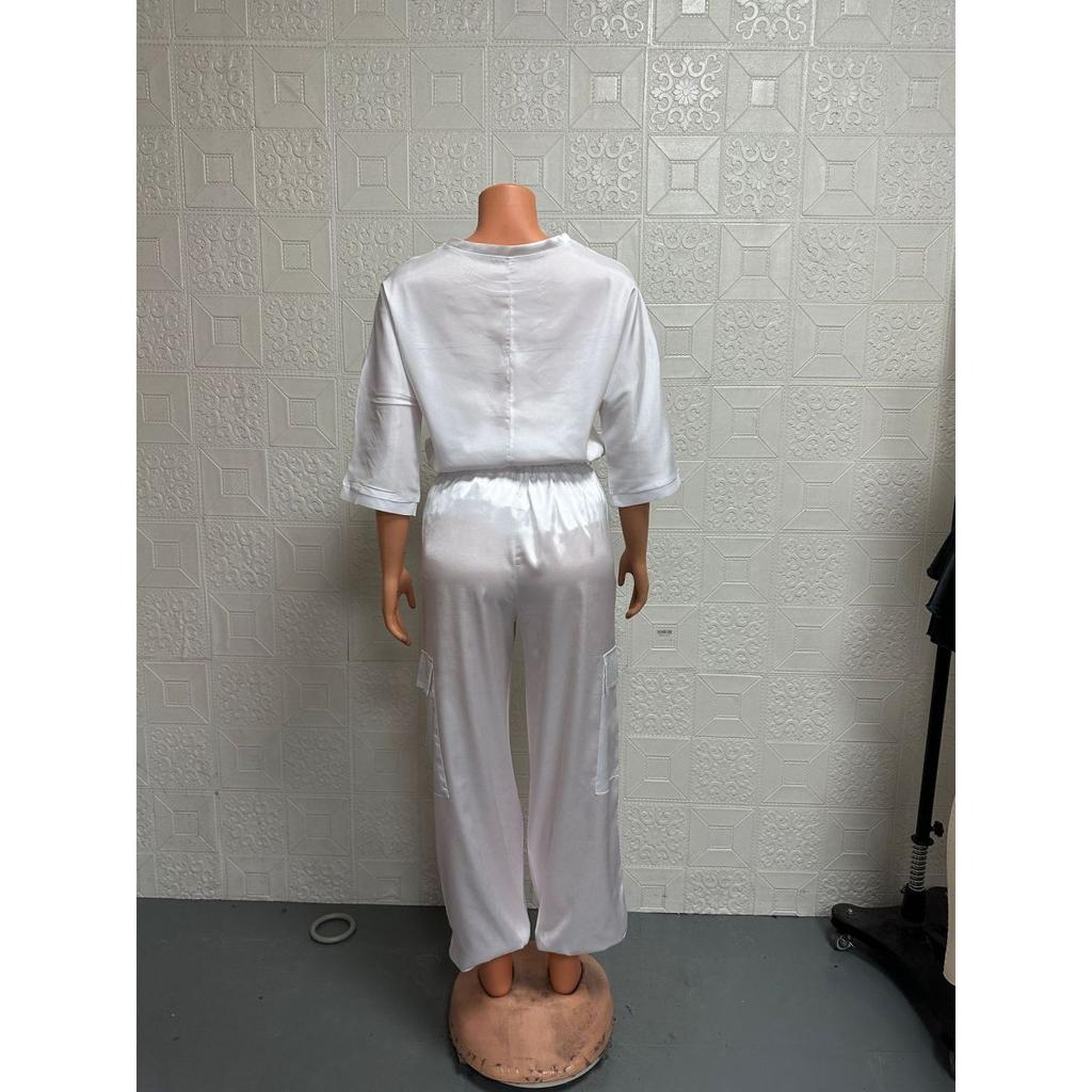 Женский комплект, однотонный комплект из гладкого атласа, топ с рукавами три четверти и брюки, комплект из двух предметов