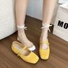 Gentle Evening Breeze Yellow Xiaoxiangfeng Single Shoes French with Skirt Square Head Mary Jane Shoes Soft Sole Bow Ladyshoes