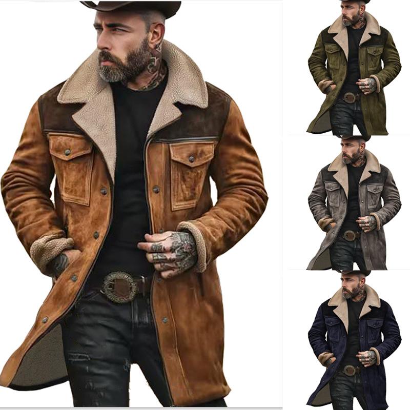 Men's Long Sleeve Faux Fur Lined Coat with Multiple Colors, Brown, Army Green, Gray, Navy