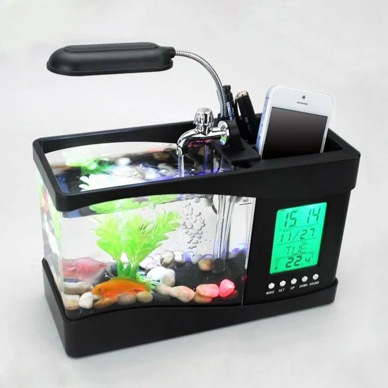 Office Decoration Fish Tank Clock Night Light Usb Mini Goldfish Bowl Table Lamp Small Multifunctional Ecological Aquarium