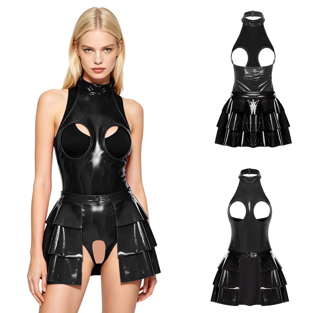 Ladies Wet Look PU Leather Club Outfit Open Front Tiered Ruffle Mini Skirt and Backless Halter Bodysuit for Pole Dance Performance