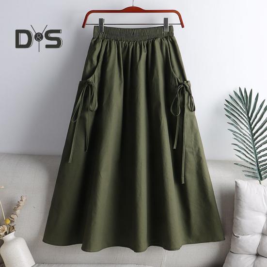 Юбка-карго с эластичным поясом и боковыми карманами, однотонная юбка-трапеция свободного кроя, миди-юбка в рабочем стиле, юбка на завязках