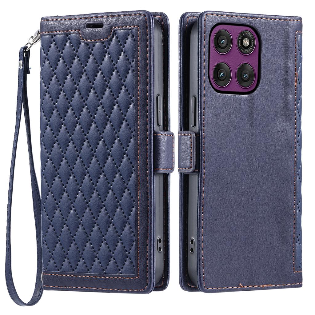 For Motorola Edge 60 Pro 5G Leather Case Rhombus Texture Wallet Stand Phone Cover with Wrist Strap
