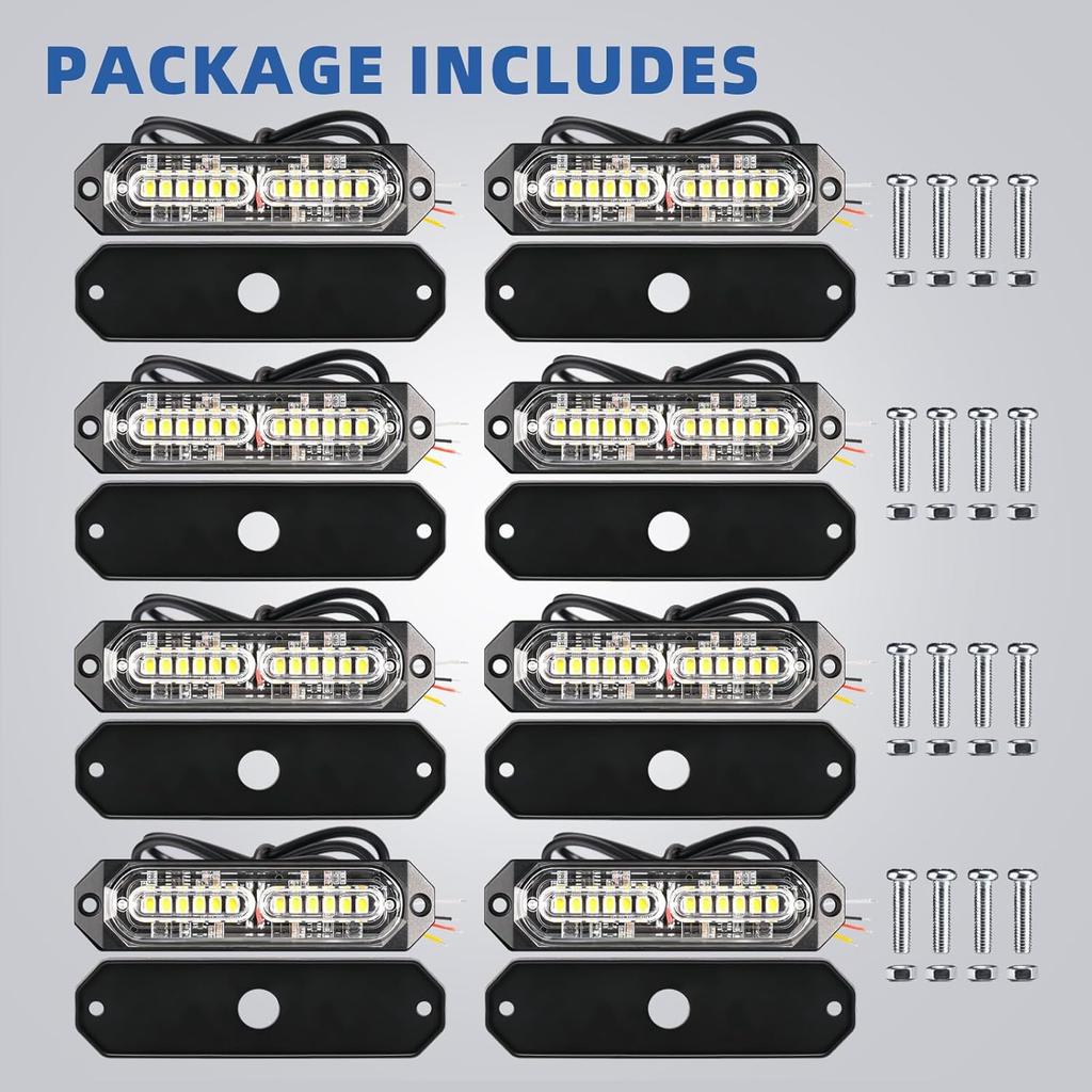 8Pcs Amber White Surface Mount Emergency Strobe Lights For Trucks, Ultra Slim Grille Warning Flashing Light Bar For Vehicles/Car