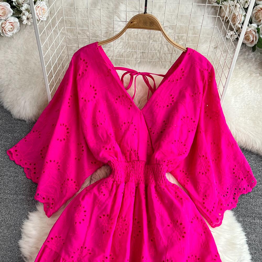 Винтажное полое платье с вышивкой и высокой талией, сказочное платье трапециевидной формы с короткими рукавами, шикарное летнее пляжное платье, женский сарафан для отпуска