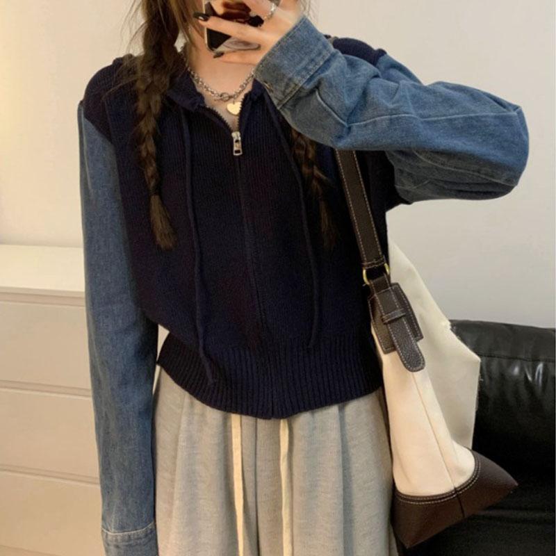 Кардиган, свитер, женский, осень/зима 2023, повседневный дизайн, с капюшоном, джинсовая вставка, короткий свитер с длинными рукавами, женский кардиган, пальто
