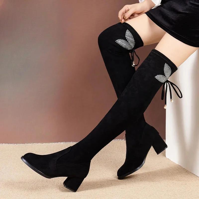 Ladies Knee High Shaft Shoes Pointed Toe Winter 2024 Middle Heel Chic and Elegant Women's Long Boots Spring Autumn On Offer Boot