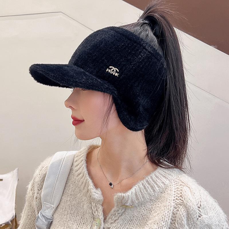 New Women Soft Winter Hat Faux Fur Warm Ponytail Cap Fashion Decorate Beanie Hat For Female Casual Earflap Knitted Hat