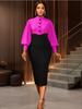 Elegant Church Dresses Long Lantern Sleeves Color Block Buttom Up Black Rose Women Mock Neck Midi Party Office Ladies Business