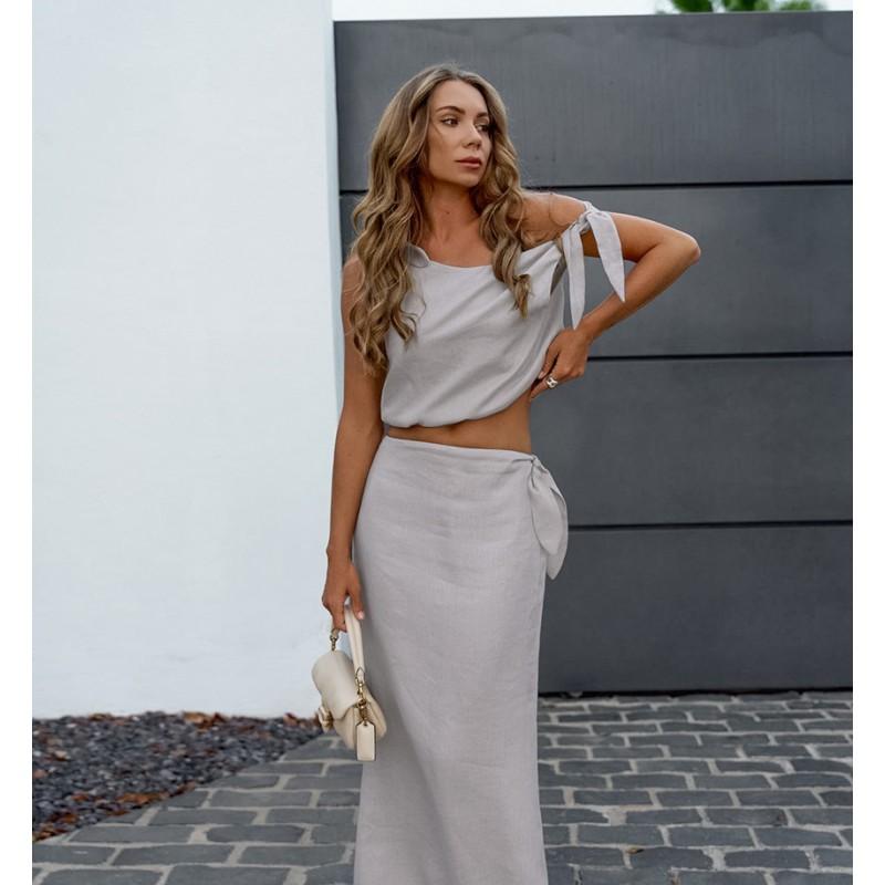 Womens Casual Cotton Linen 2-Piece Set Grey Sleeveless Top Long Dress 2025