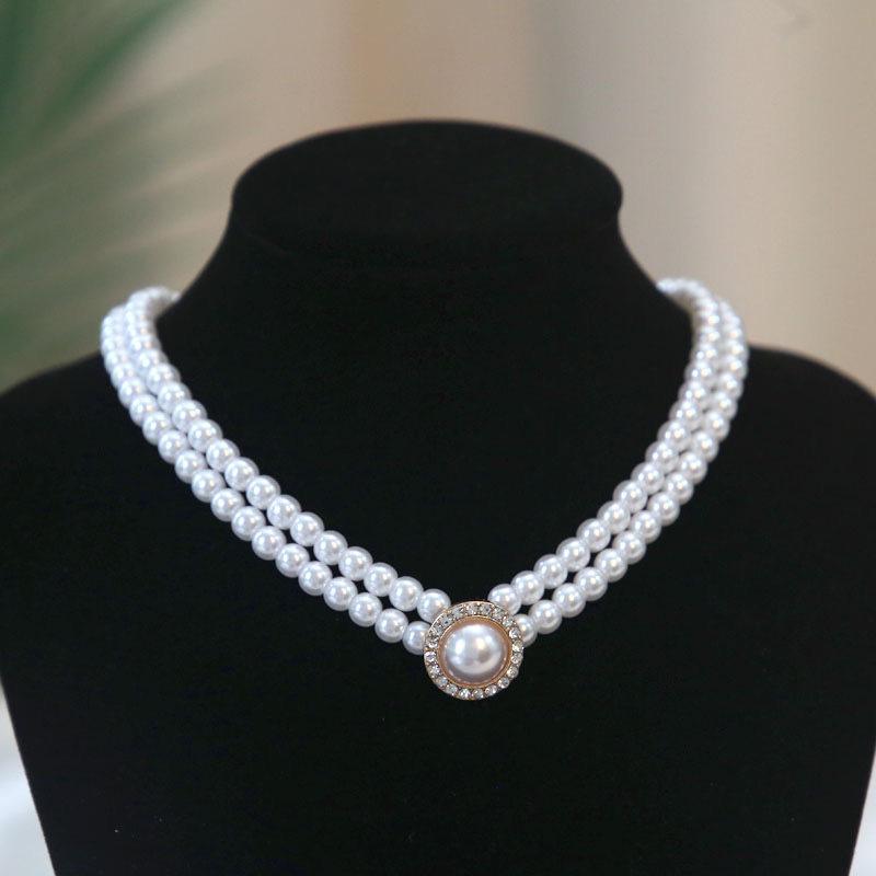 French Retro Small Fragrance Three-Layer Pearl Necklace Flash Diamond Pearl Wedding Dress Clavicle Chain For Women Neck