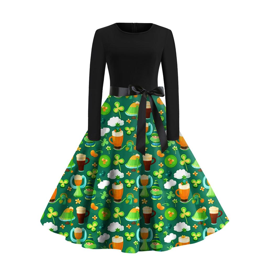 Women's Vintage Classic Dress Long Sleeve Valentine's Day Print Round Neck Swing Dress