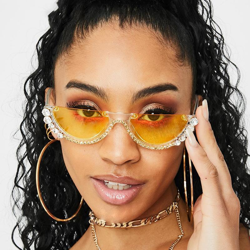 Женские солнцезащитные очки кошачий глаз с бриллиантами, 2020, солнцезащитные очки без оправы, роскошный брендовый дизайнер, очки в хрустальной оправе со стразами