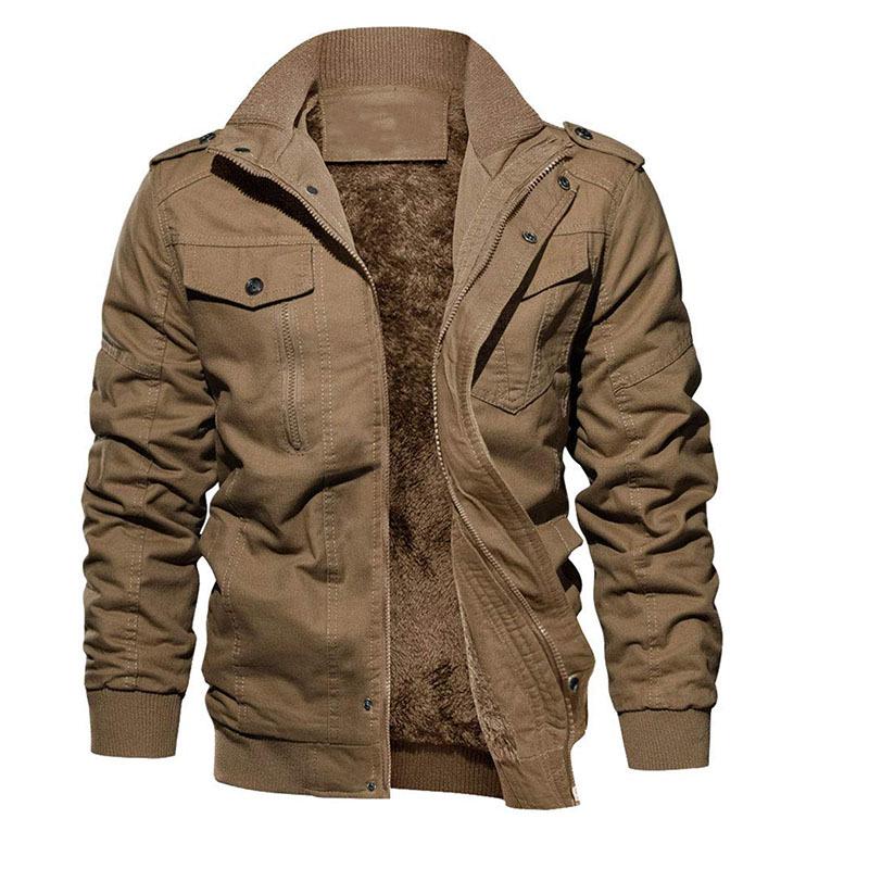 Men's Military-Style Washed Cotton Jacket with Velvet Lining